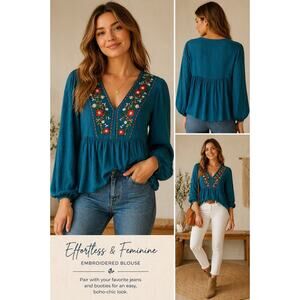Umgee Peacock Teal Embroidered Floral V-Neck Boho Peasant Babydoll Blouse‎ Small